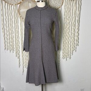 Jill Stuart Blue and Brown Kick Pleat Long Sleeve Wool Blend Dress Size Small